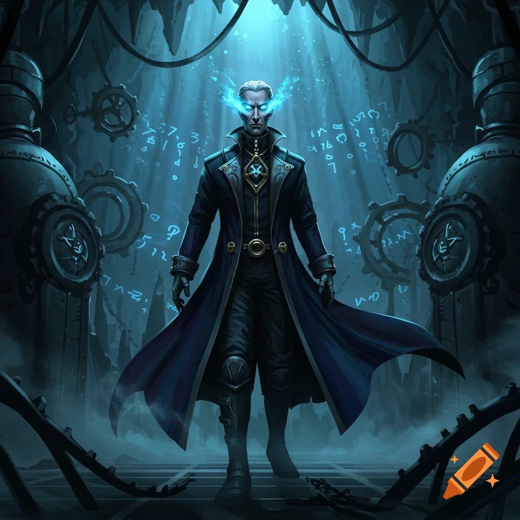 A stylized man in a dark coat with glowing blue eyes and floating runes stands in a dark, industrial fantasy setting.