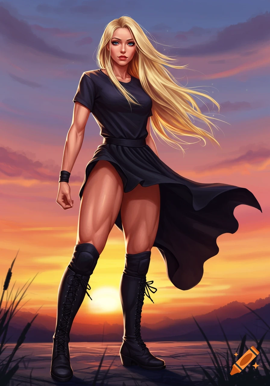 A strong blonde woman with blue eyes and muscular legs, wearing a black dress and boots, stands against a vibrant sunset over water.