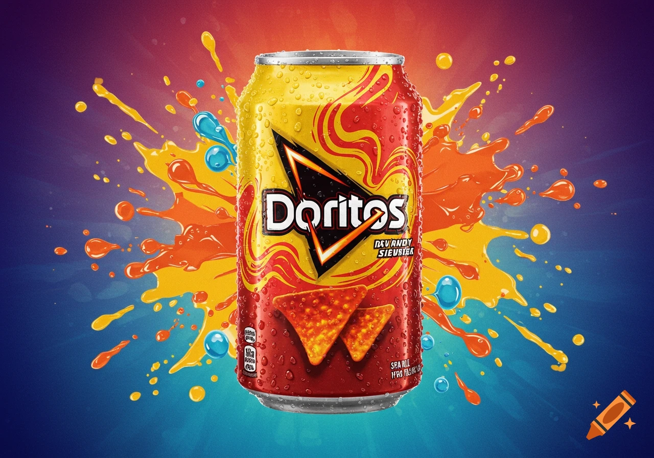 A Doritos soda can with water droplets, centered on a background of red, orange, yellow, and blue paint splatters.