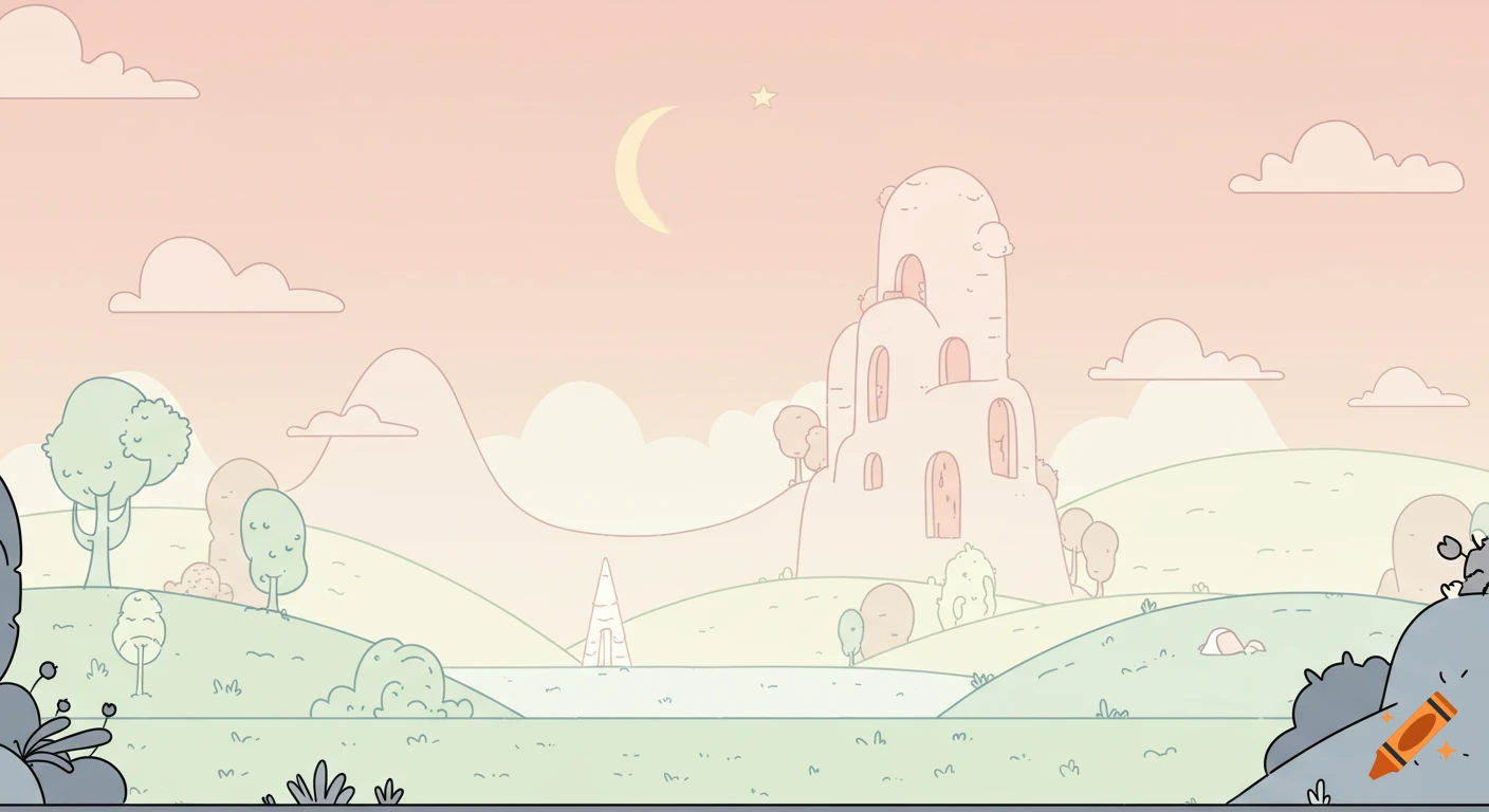 A whimsical 2D pastel landscape with a tall castle, rolling hills, a lake, a crescent moon, and a star in an Adventure Time-like style.