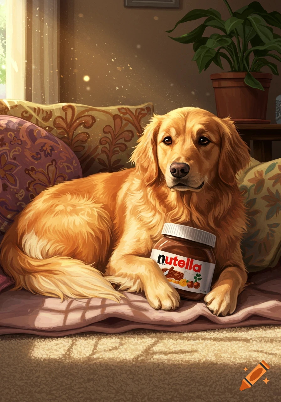 An illustrative painting of a golden retriever dog lying on a patterned sofa, playfully holding a jar of Nutella.