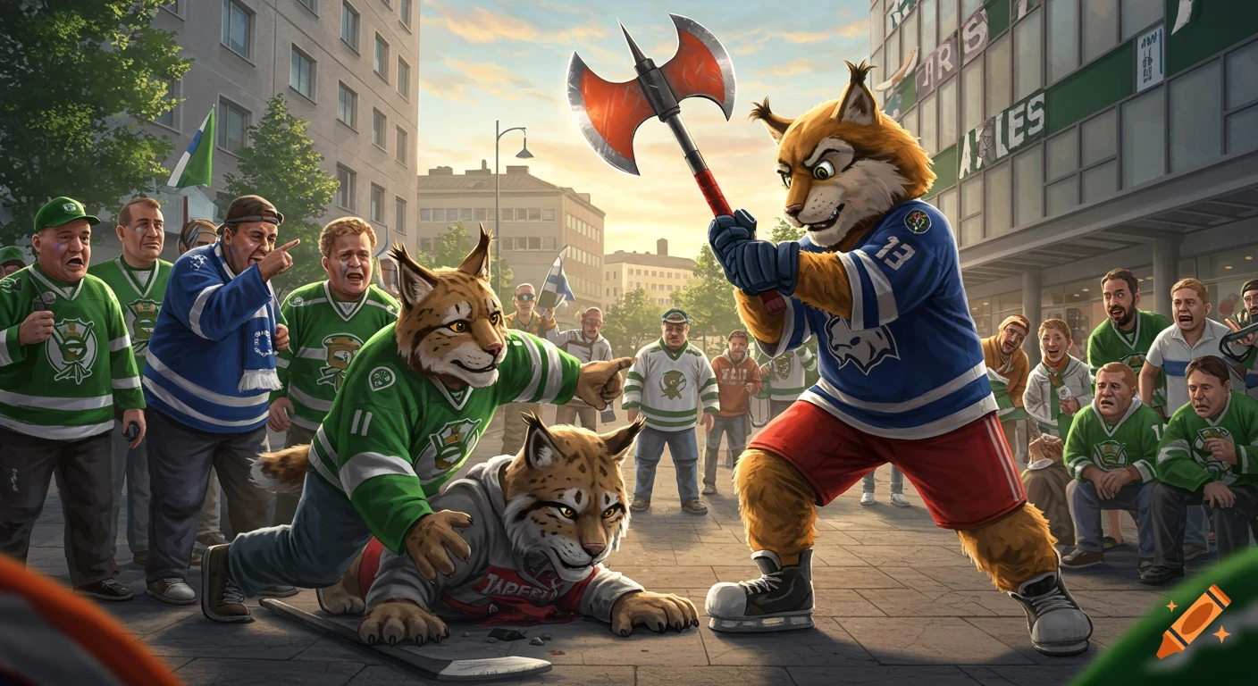 Cartoon lynx mascot holding a battleaxe over another fallen lynx mascot on a city street, surrounded by cheering and crying hockey fans, during a bright summer evening.