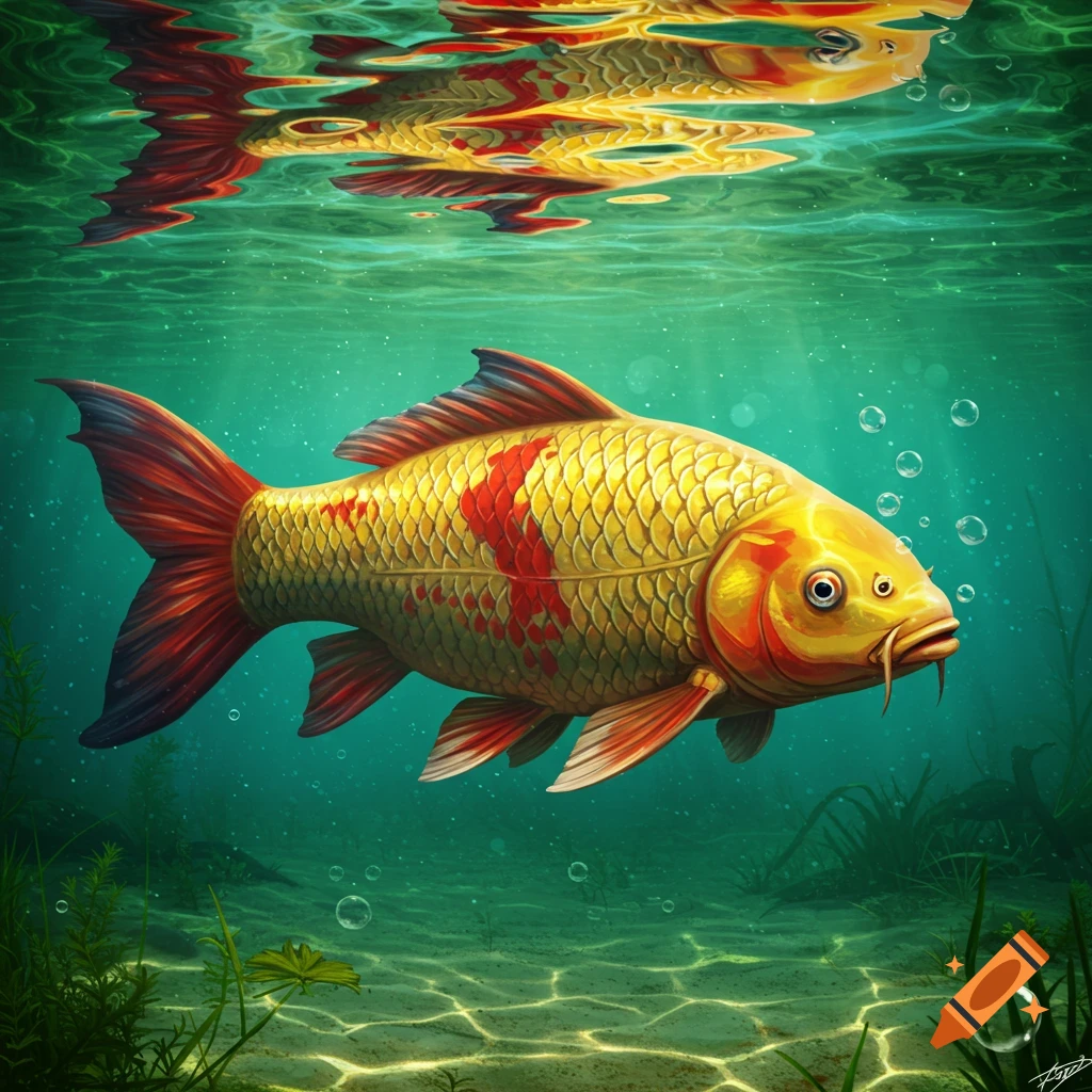 A vibrant gold and red koi carp hybrid fish with barbels swims in clear green water, its reflection visible above.