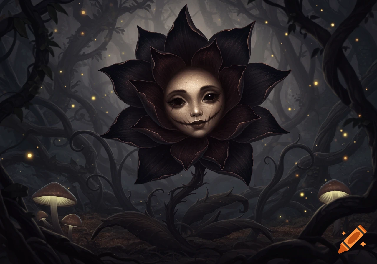 A dark fantasy illustration of a spooky flower with a doll-like face in a gnarled forest with glowing mushrooms.