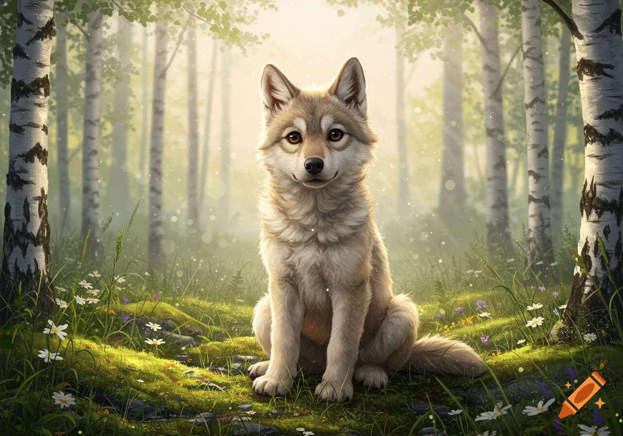 A cute, fluffy wolf pup sits in a sun-dappled forest among birch trees and wildflowers.