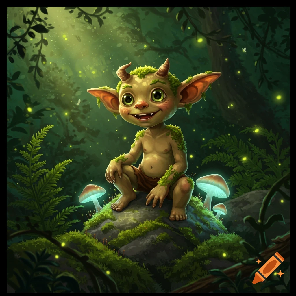 A cute, moss-covered goblin sits on a rock with glowing mushrooms in an enchanted forest, fantasy art style.