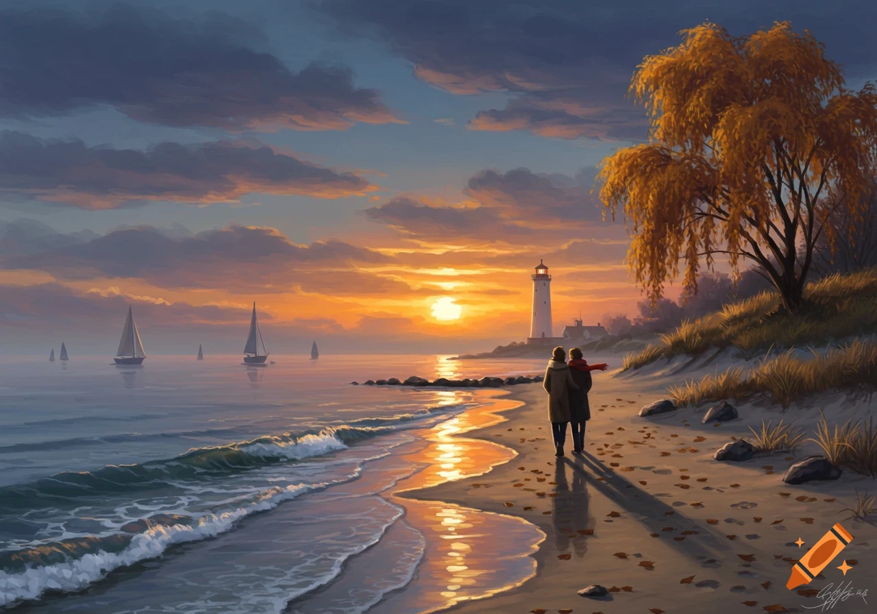 A couple walks on a beach at sunset with a lighthouse, sailboats, and a golden-leaved tree in a painterly style.