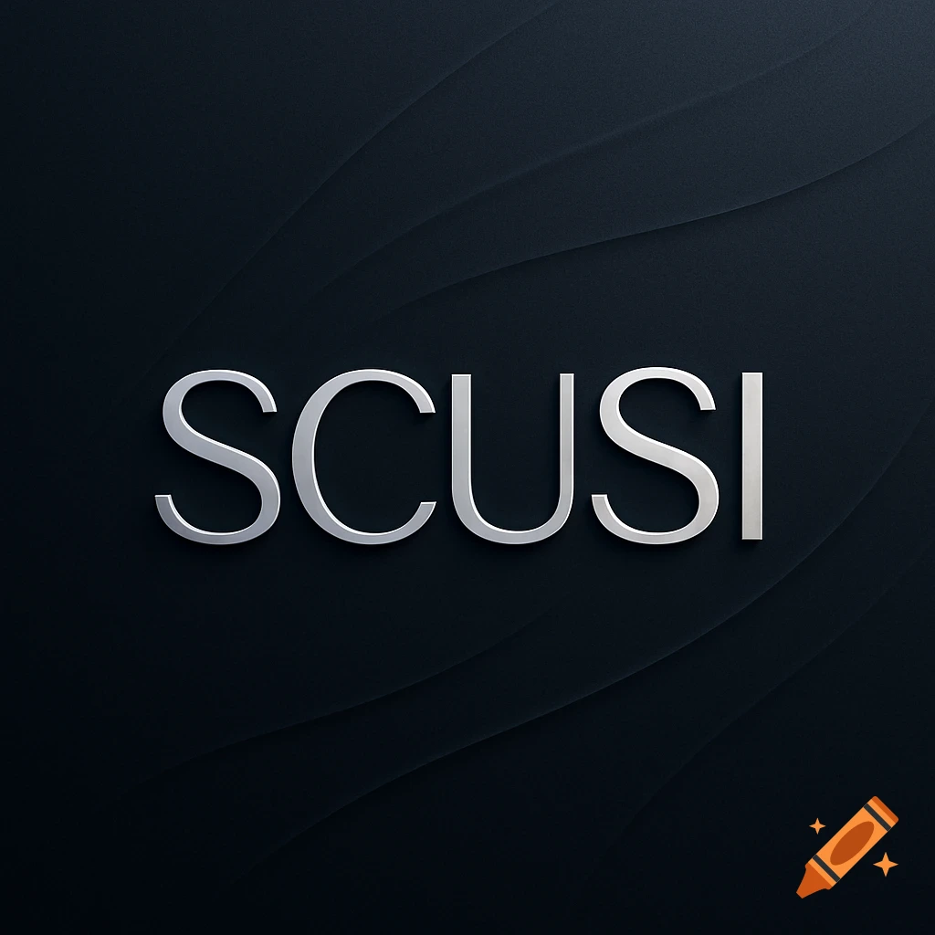 Silver text 'SCUSI' with a metallic sheen on a dark, subtly textured background.