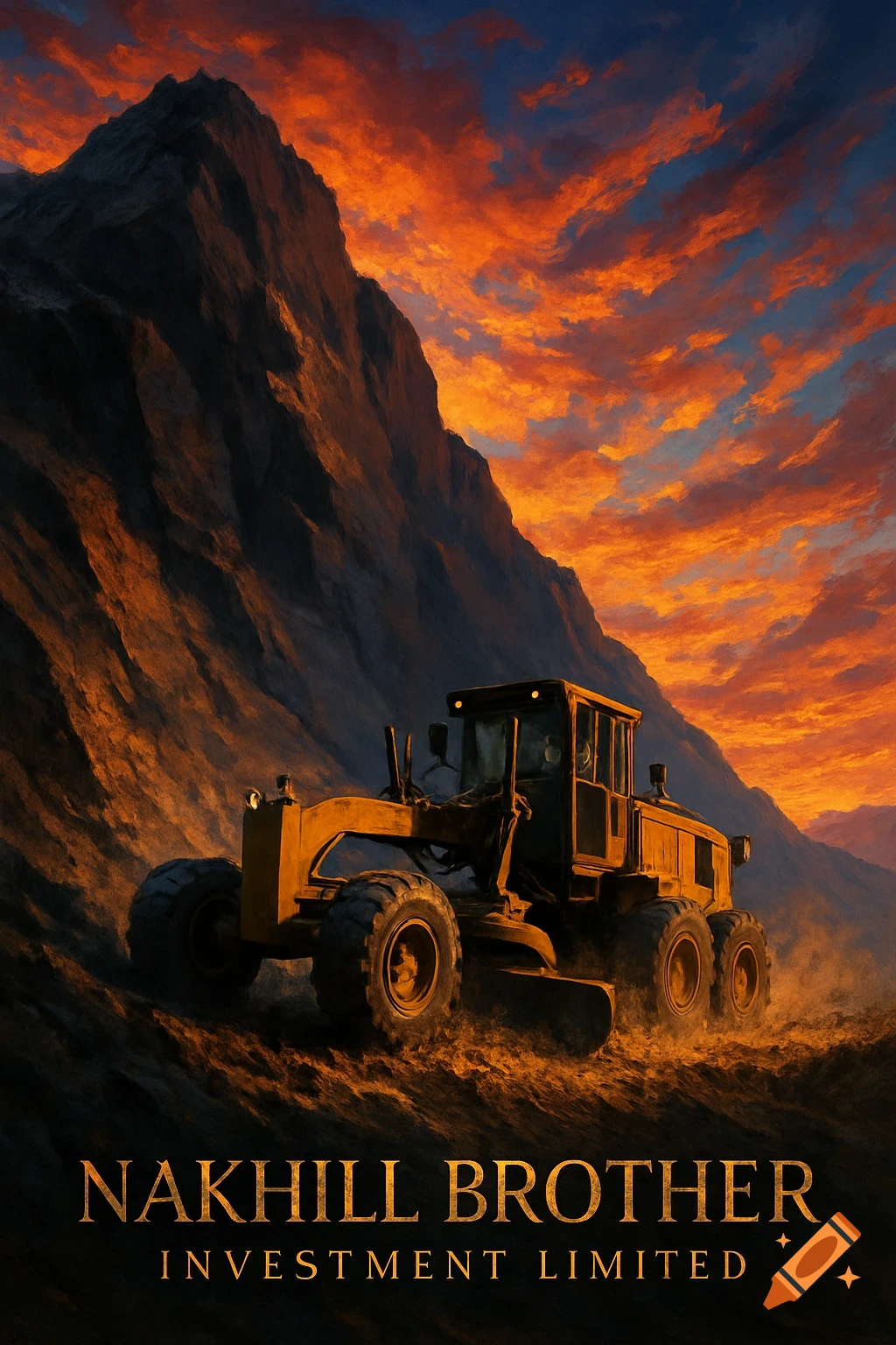 A heavy grader machine works on a dark mountain path under a dramatic orange sunset sky. Text reads 'NAKHILL BROTHER INVESTMENT LIMITED'.