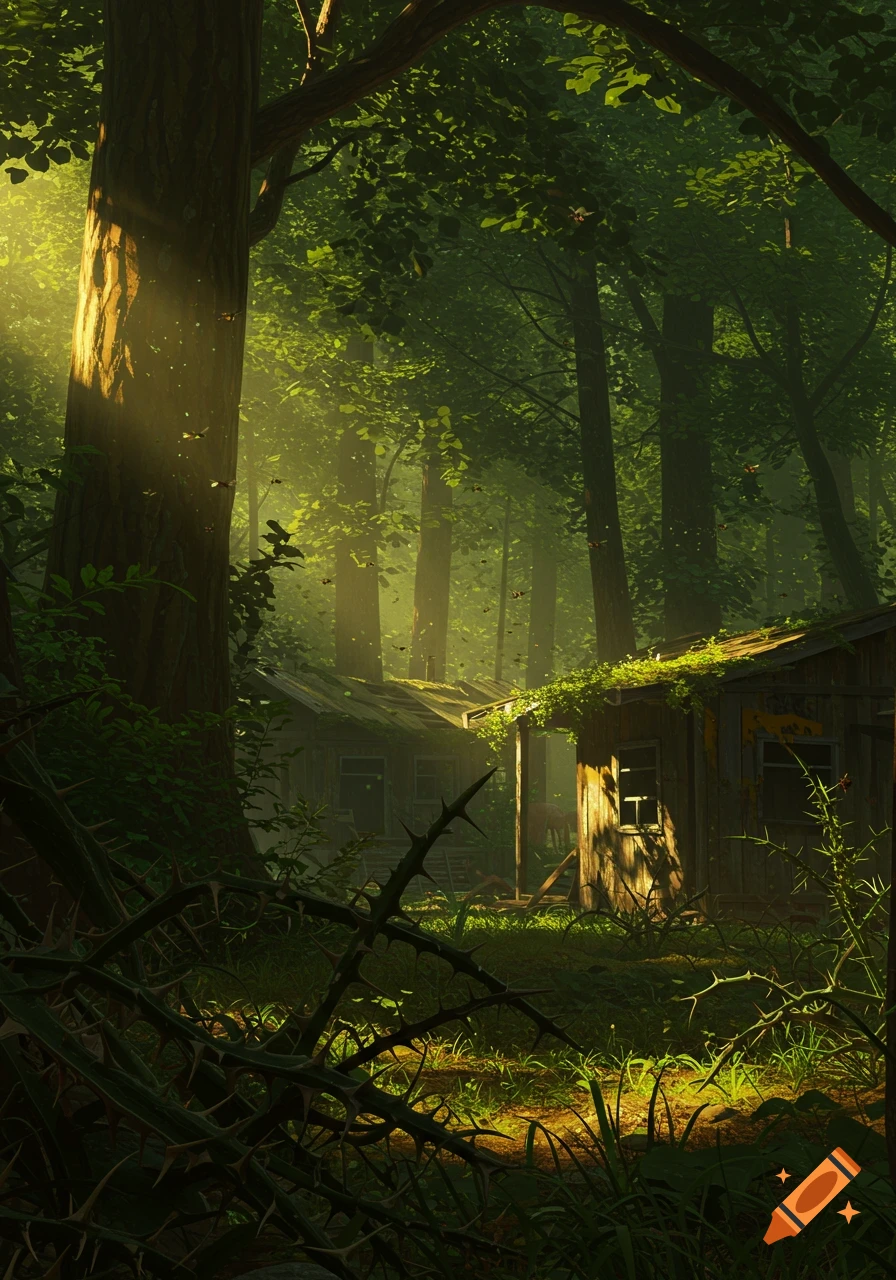 Sun rays stream through a dense, lush forest with two overgrown, dilapidated wooden shacks and thorny plants in the foreground, photorealistic style.
