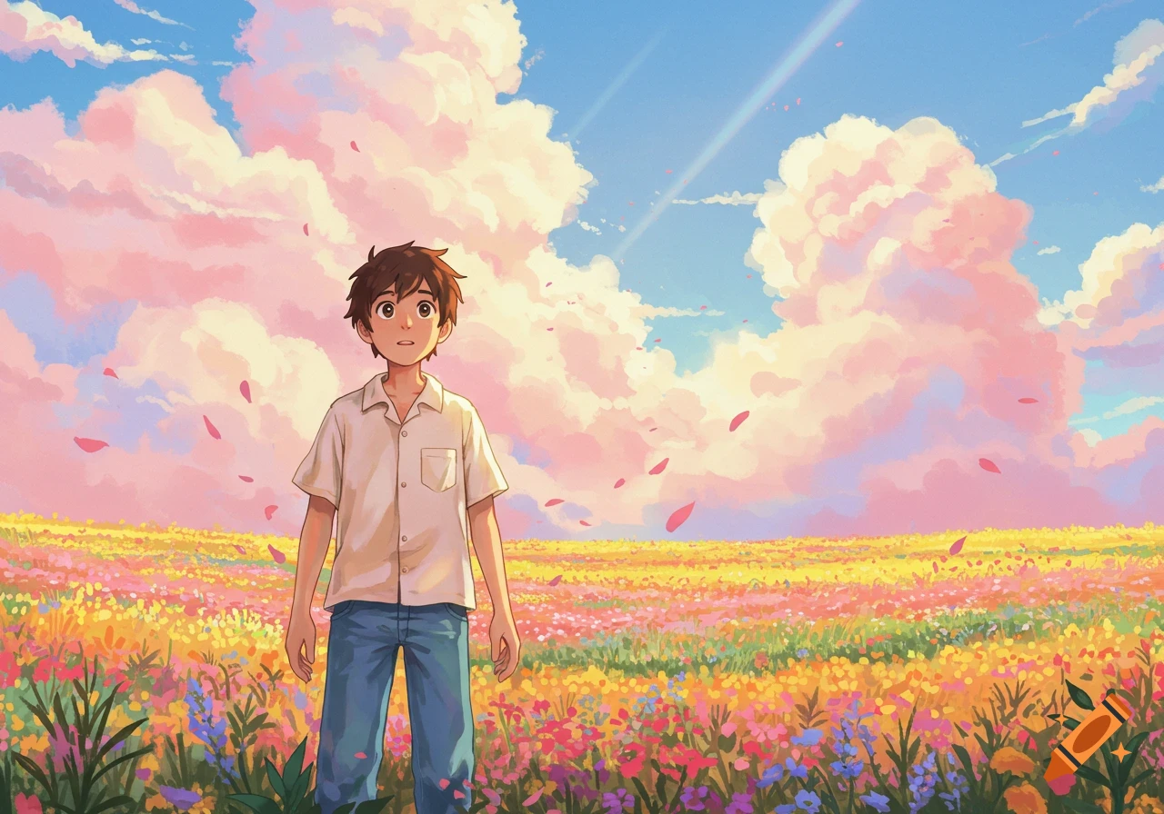 An anime boy stands in a vibrant field of colorful flowers under a pastel pink and blue sky with fluffy clouds and falling petals.