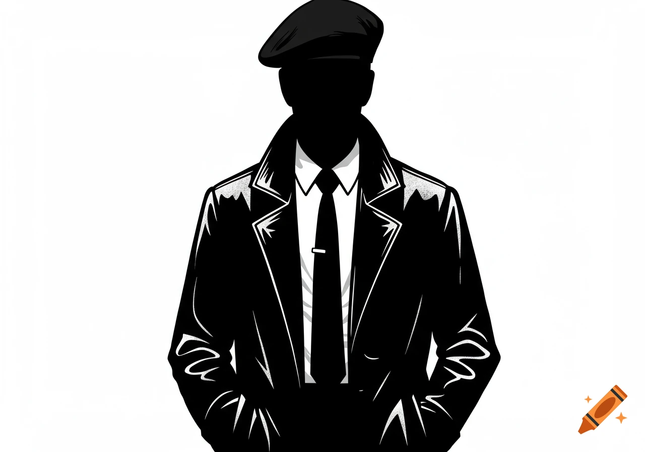 Stylized 2D silhouette of a noir character wearing a black beret, leather jacket, white shirt, and tie, hands in pockets.