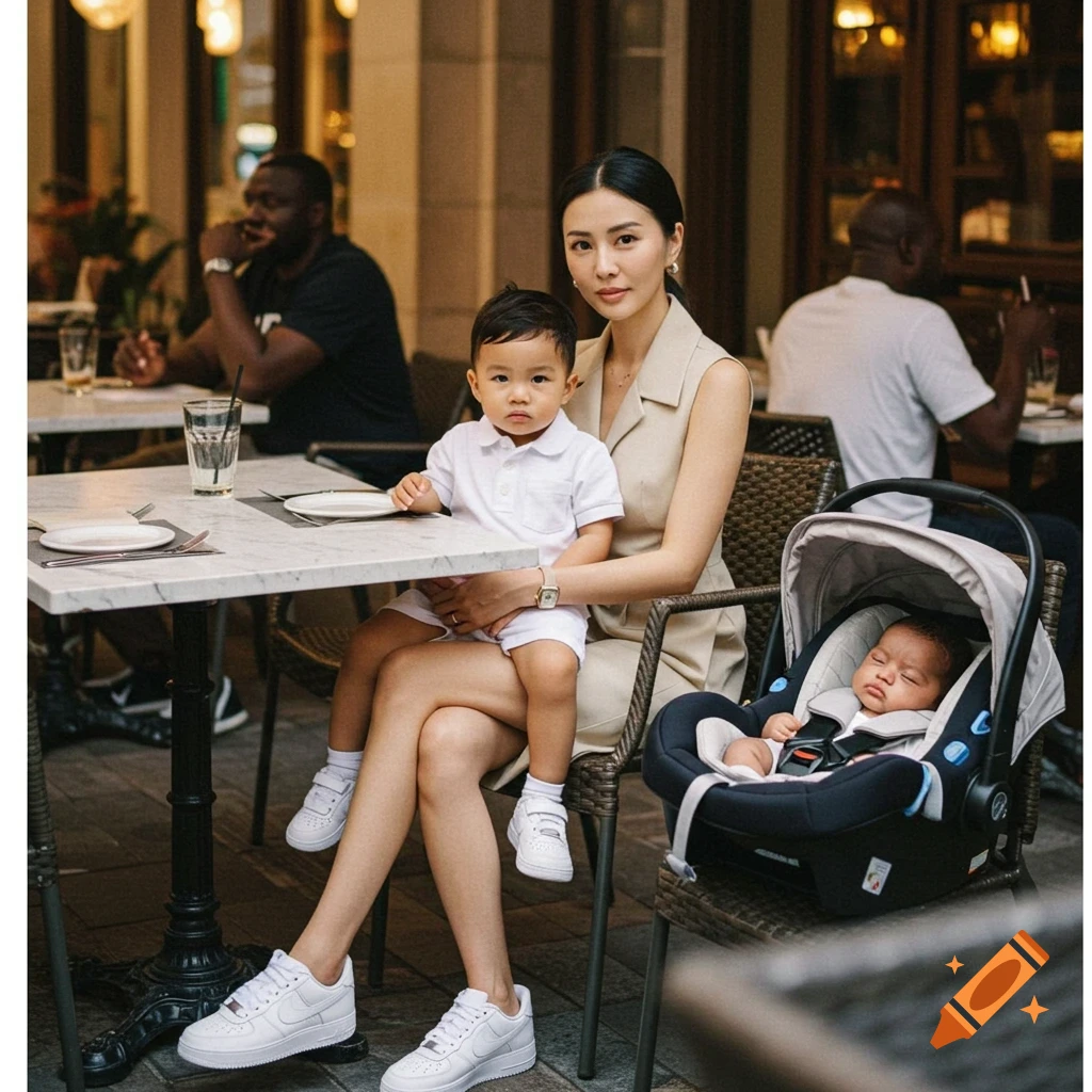 A woman holds a child on her lap at an outdoor restaurant table with a baby in a car seat beside her. Other diners are in the background.