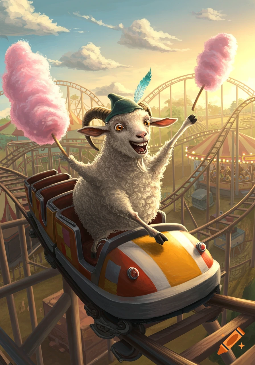A happy, fluffy white goat wearing an alpine hat rides a rollercoaster, holding two pink cotton candies in a sunny carnival setting. Illustration.