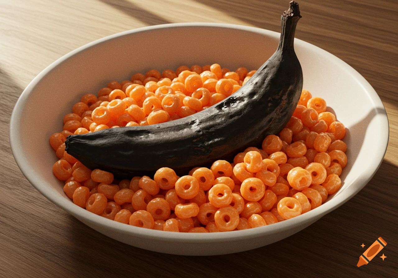 A dark, shriveled banana rests in a bowl of bright orange ring-shaped cereal on a wooden table.