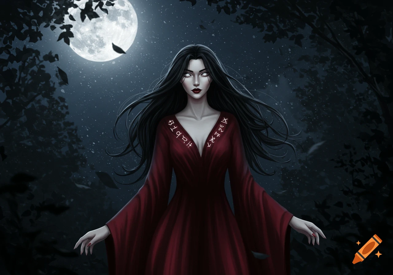 A gothic woman with long black hair, white eyes, and a red dress with runes stands under a full moon in a dark forest.