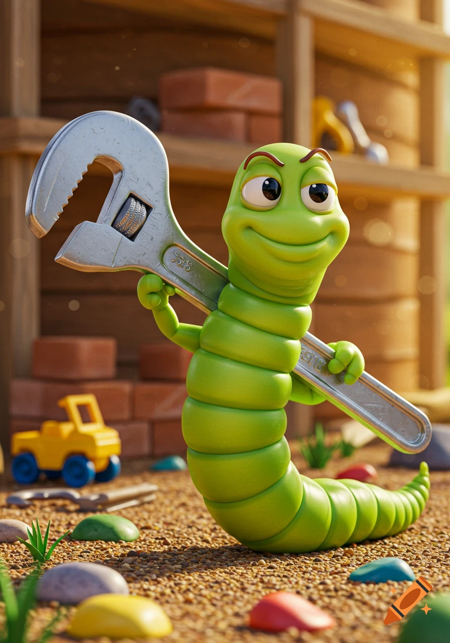 A smiling green cartoon worm stands on dirt, holding a large silver pipe wrench over its shoulder, with a yellow toy truck in the background.