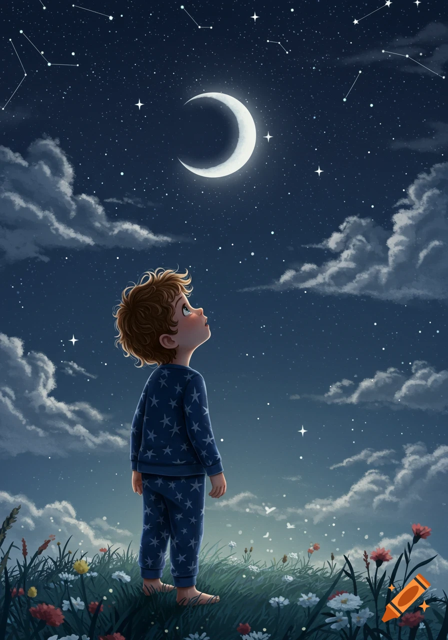 A whimsical illustration of a little boy in star-patterned pajamas looking up at a crescent moon and starry night sky from a field of flowers.