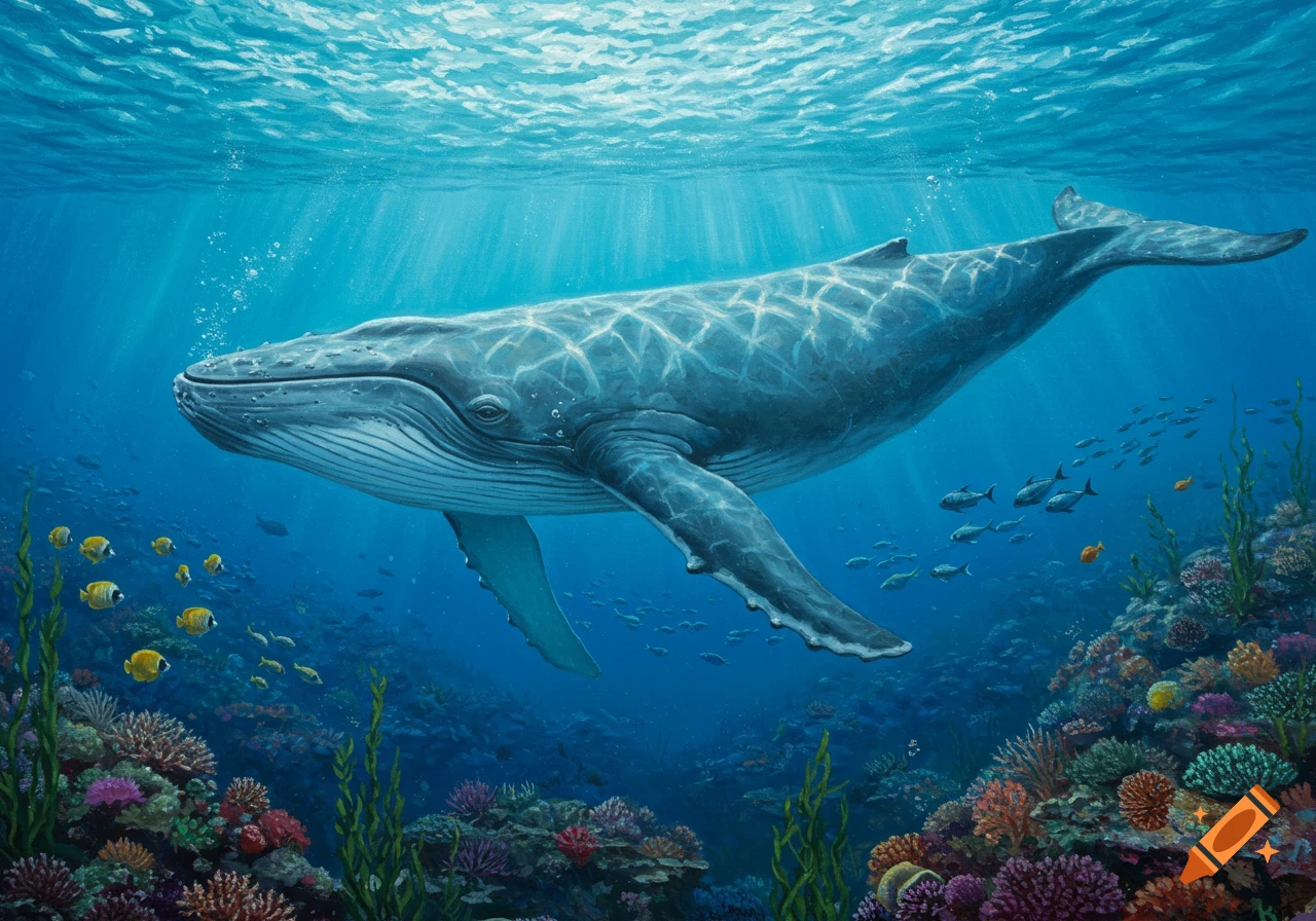 A large blue whale swims above a vibrant coral reef in a clear, sunlit blue ocean, with schools of fish.