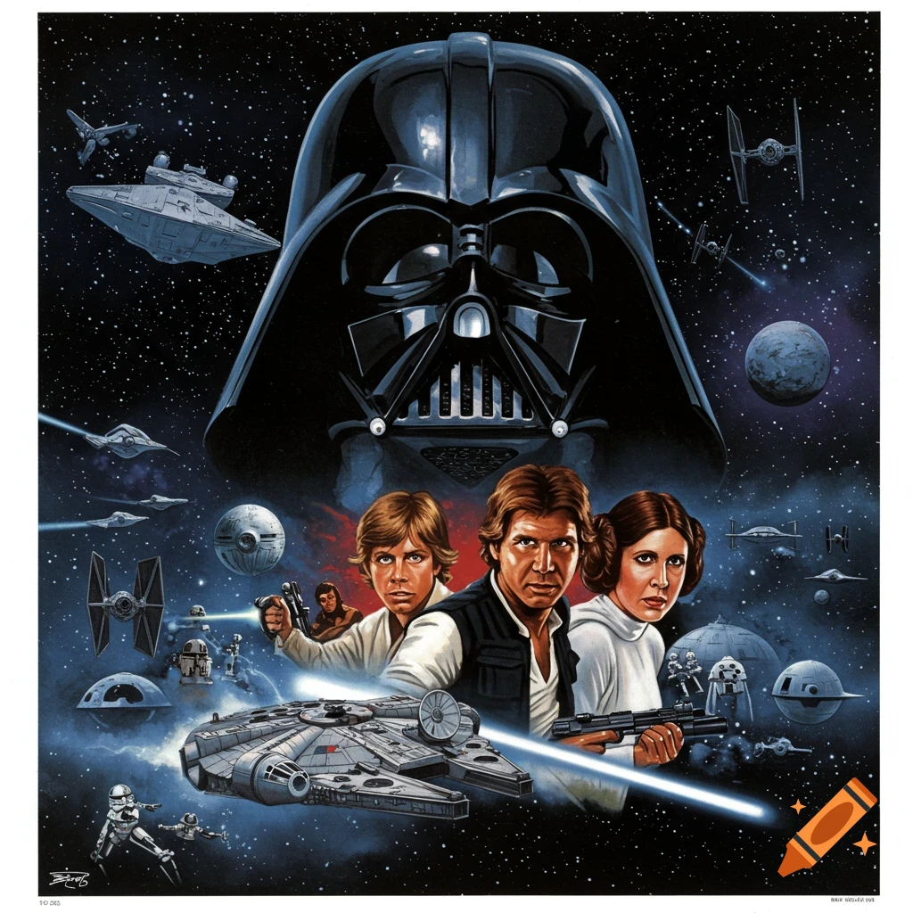 A classic Star Wars movie poster features Darth Vader's helmet towering over Luke Skywalker, Han Solo, and Princess Leia, with spaceships and planets in a starry background.