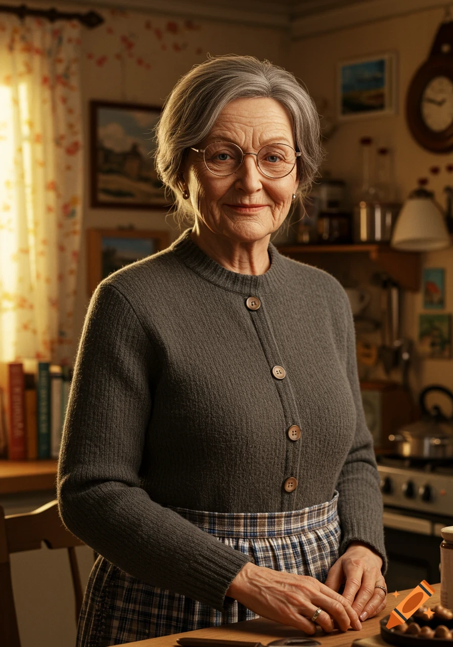 Photorealistic portrait of an elderly woman with glasses, gray hair, and a warm smile, wearing a gray cardigan and plaid apron, in a cozy kitchen.