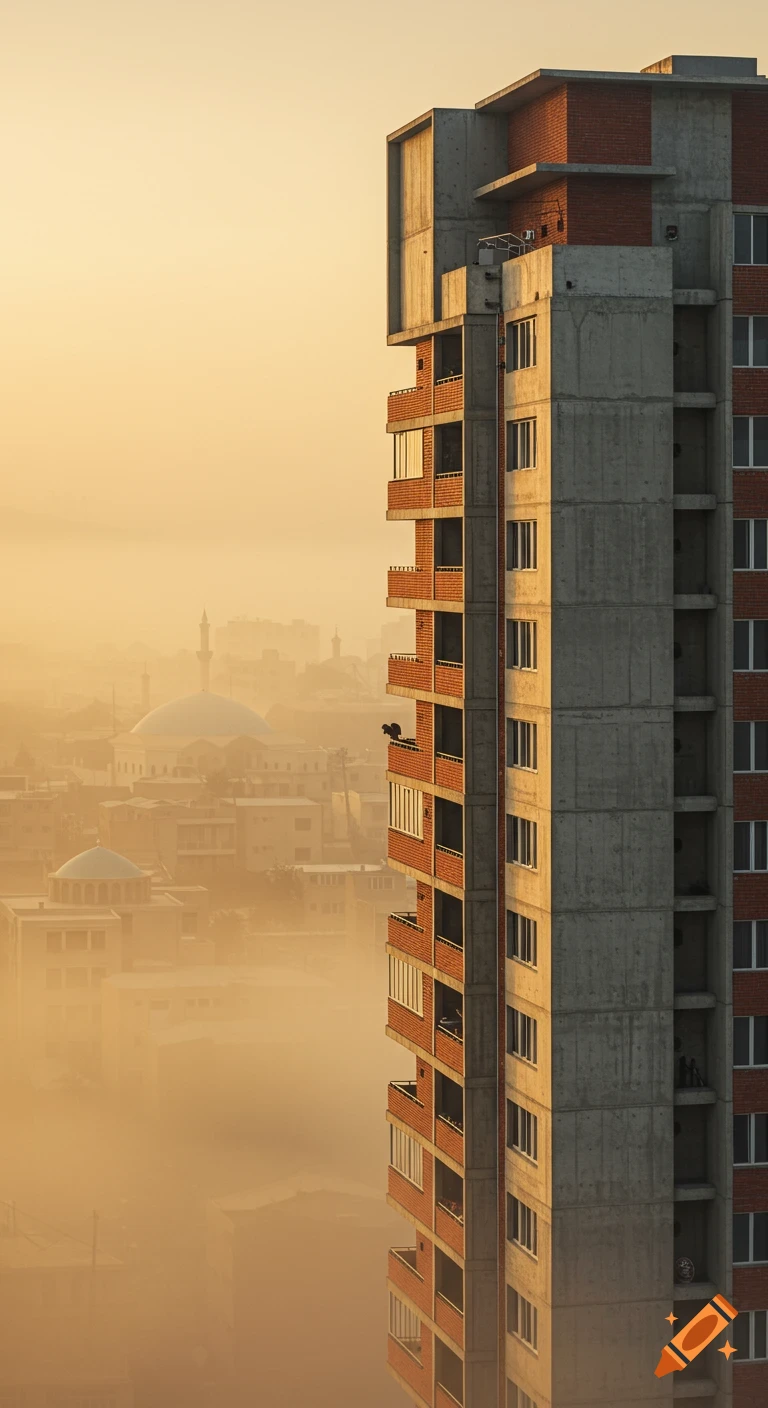 A tall, modern apartment building with concrete and red brick facades, illuminated by golden morning light, stands against a foggy city skyline with distant mosques.