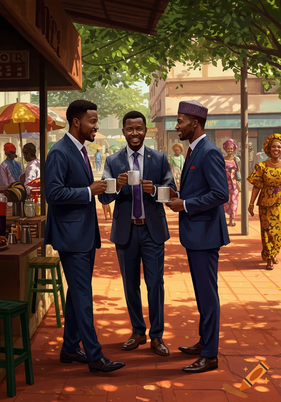 Three smiling men in suits drink coffee and chat on a busy street in a painterly style.