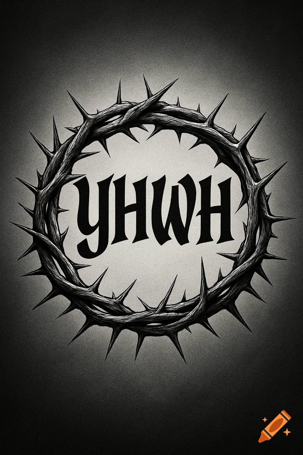 A black and white illustration of a crown of thorns encircling the word 'YHWH' in a stylized font, against a dark gradient background.