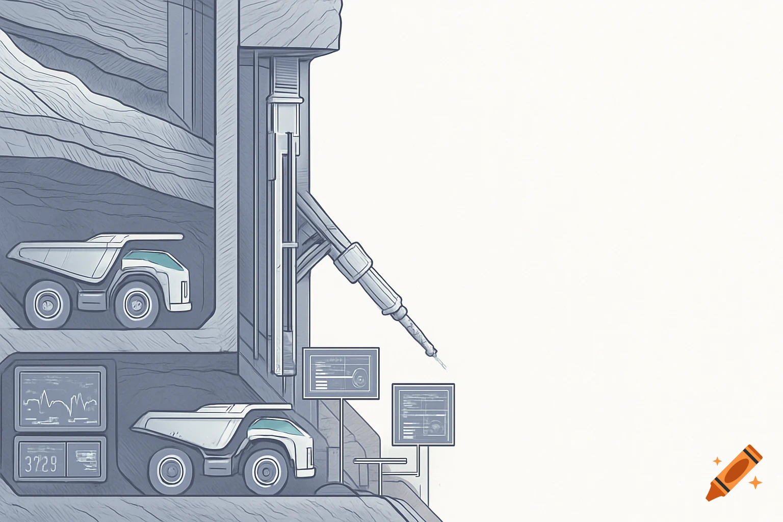 Futuristic minimalist illustration of an automated mine shaft with haul trucks, drilling machinery, and digital interfaces.