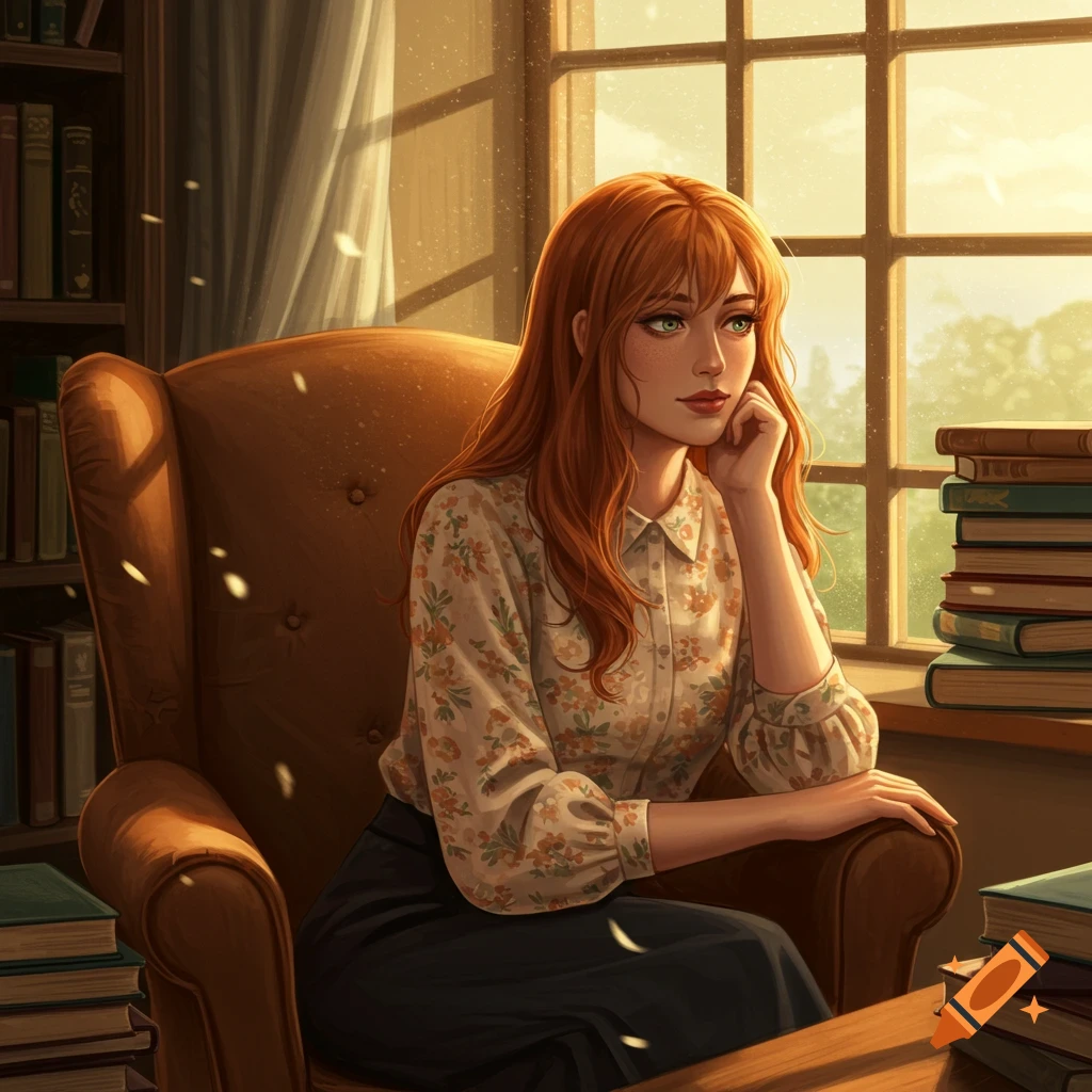 A red-haired woman in a floral shirt sits in an armchair by a sunlit window, surrounded by books, in an illustrative style.