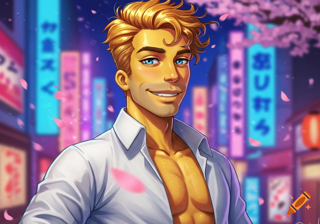 An anime-style man with blonde hair, blue eyes, and an open white shirt revealing abs, smiles in a neon-lit Japanese city street with falling cherry blossoms.
