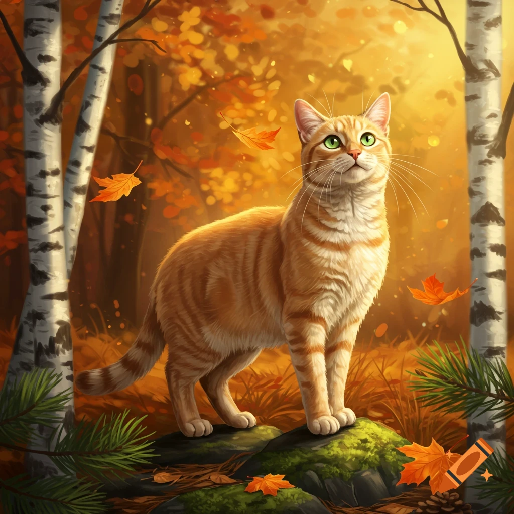An orange tabby cat with green eyes stands on a mossy rock in a sunny autumn forest with birch trees and falling leaves.
