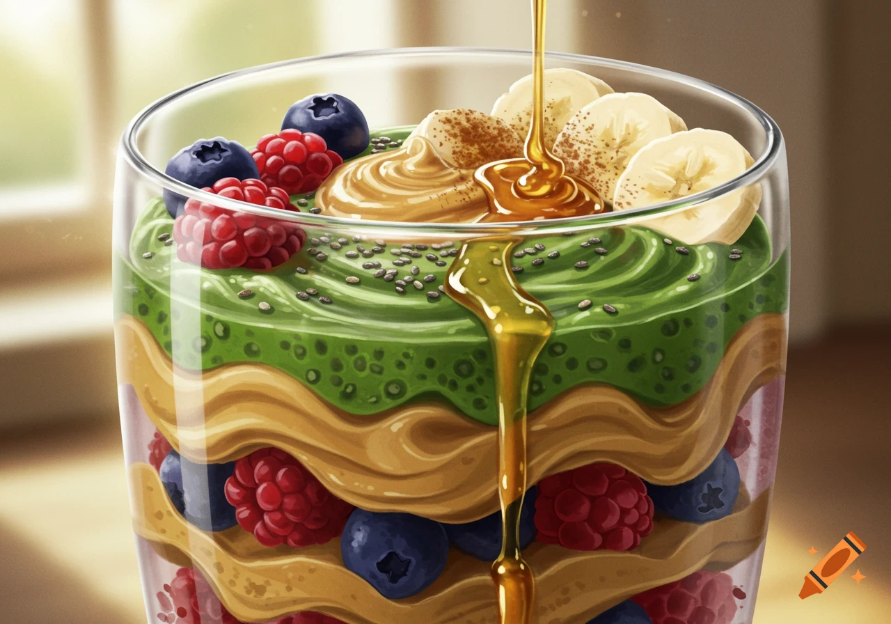 A glass of layered green spinach smoothie, peanut butter, berries, and chia seeds, topped with blueberries, raspberries, banana slices, cinnamon, and honey drizzle.