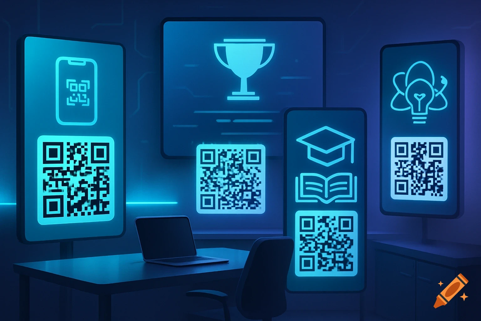 An office desk with a laptop and chair, illuminated by neon blue screens displaying QR codes and digital icons representing education, achievement, and mobile apps. The scene has a futuristic, digital aesthetic.