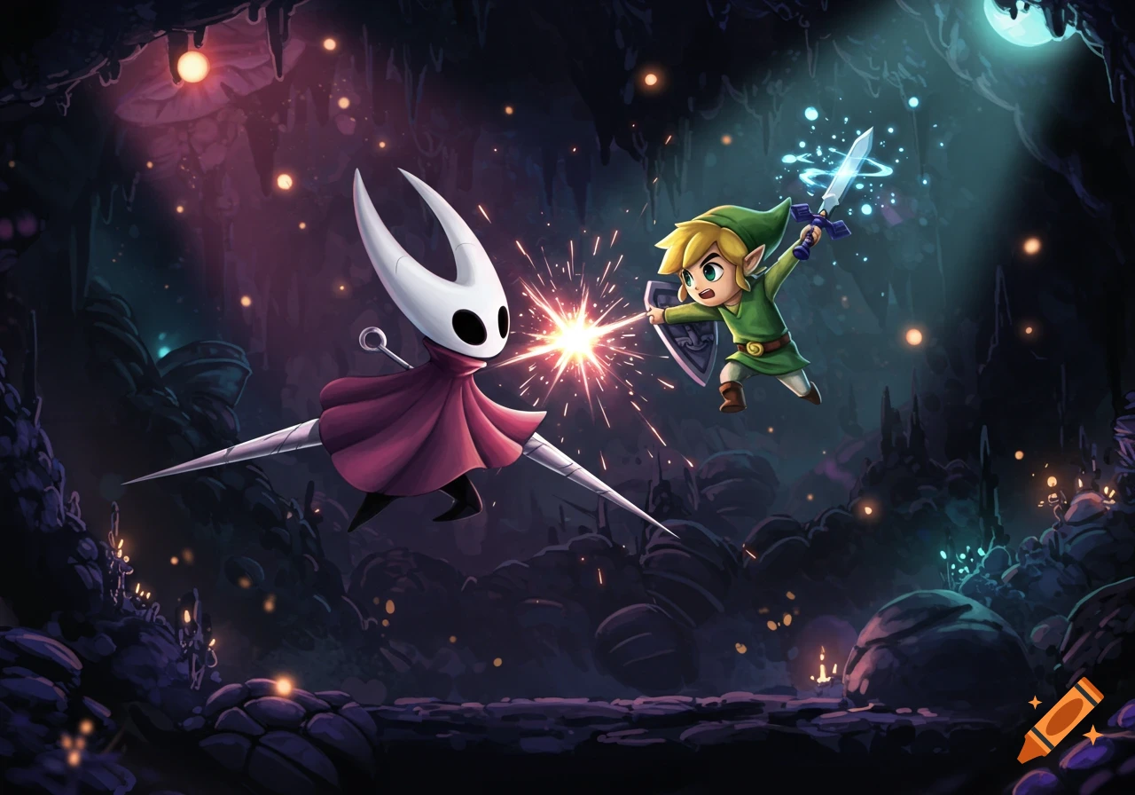Hornet from Hollow Knight and Toon Link from Zelda clash with their weapons in a glowing cave.