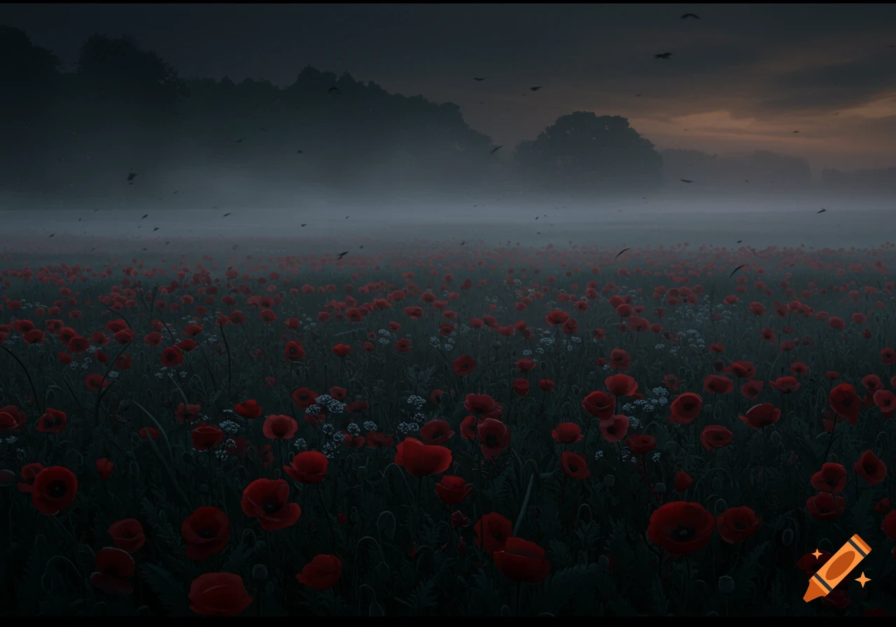 A misty field of dark red poppies and white flowers under a dark, cloudy sky with distant trees and flying birds.