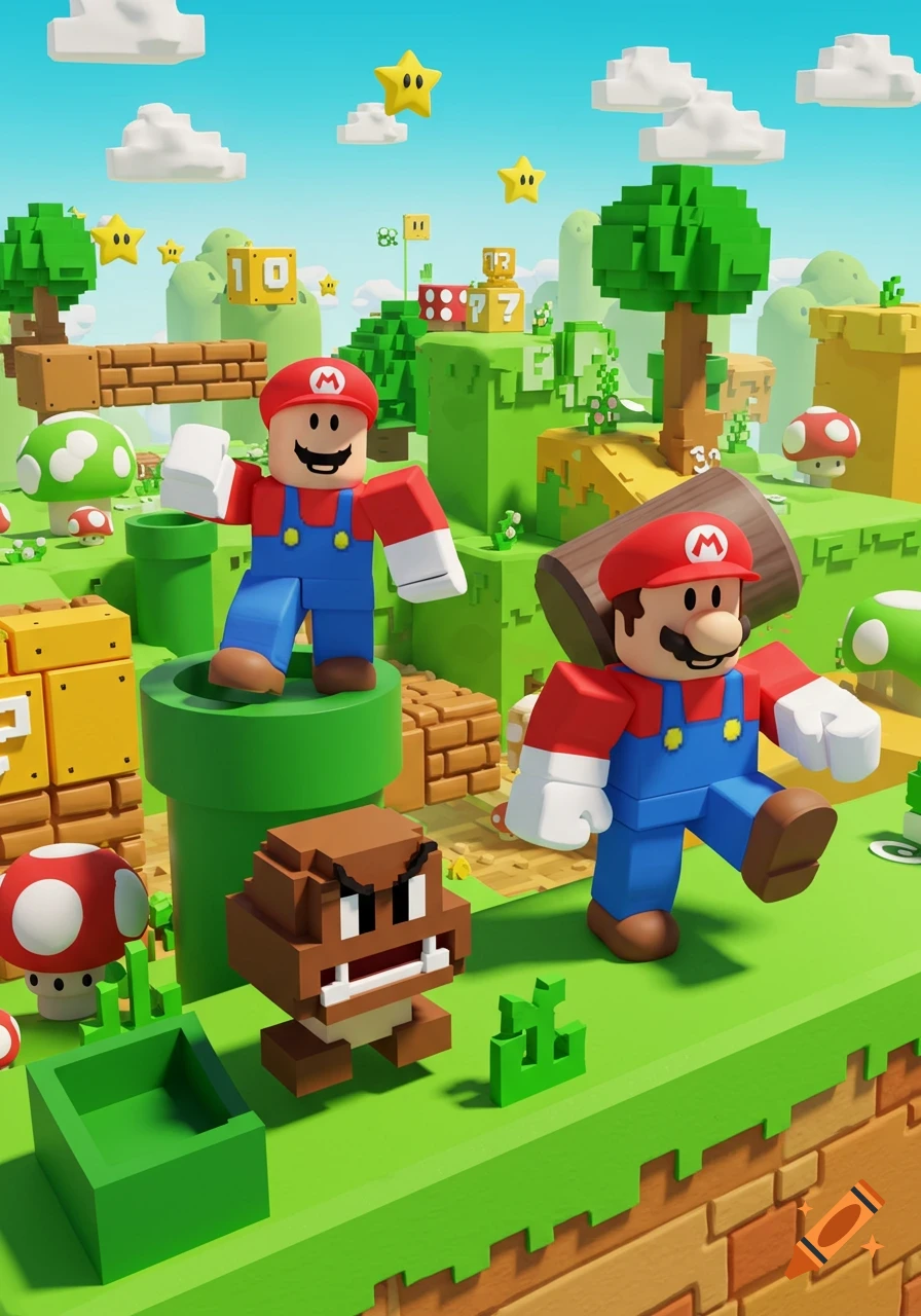 Roblox-style Mario characters and a Goomba in a blocky, colorful video game landscape with pipes and floating stars.