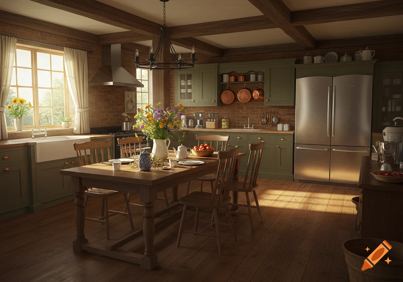 A rustic kitchen and dining area with green cabinets, a wooden table, and a large window casting sunlight.