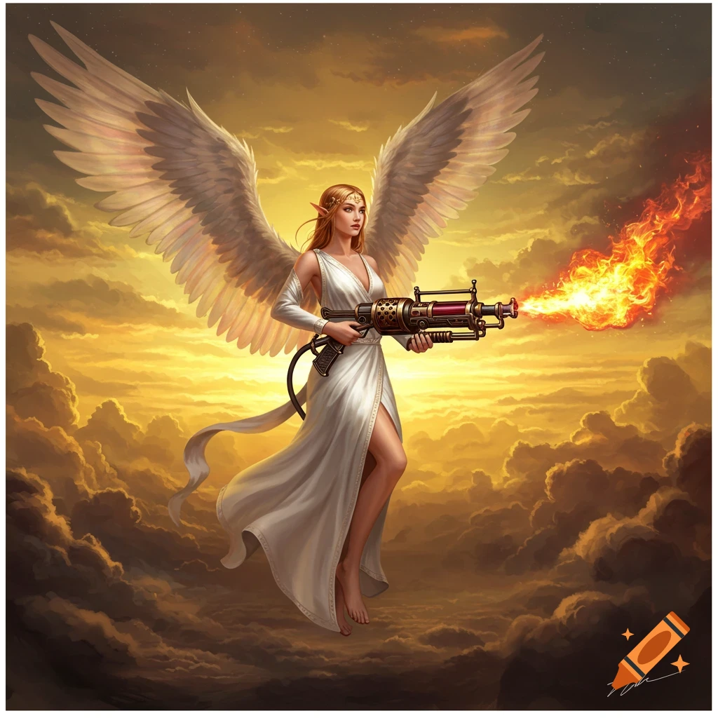 An angel with white wings and a flowing dress fires a steampunk flamethrower into a golden, cloudy sky, digital art.