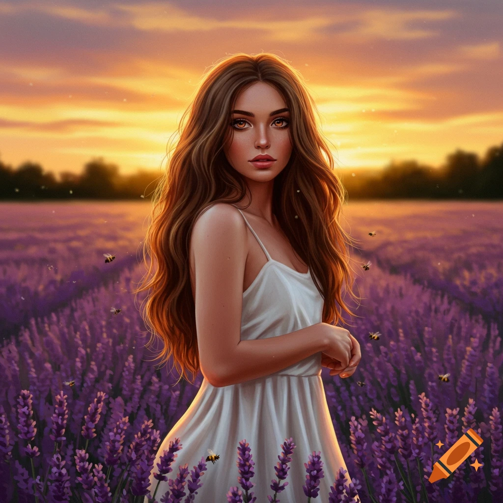 A woman with long brown hair in a white dress stands in a vibrant lavender field at sunset, with bees, in a digital art style.