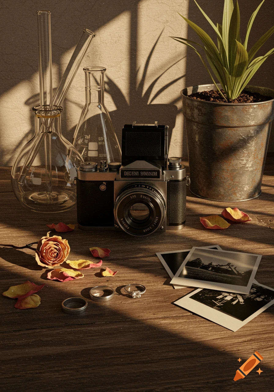 A still life scene features a vintage camera, chemical flasks, a potted plant, a wilted rose, rings, and old photos on a wooden surface in golden light.