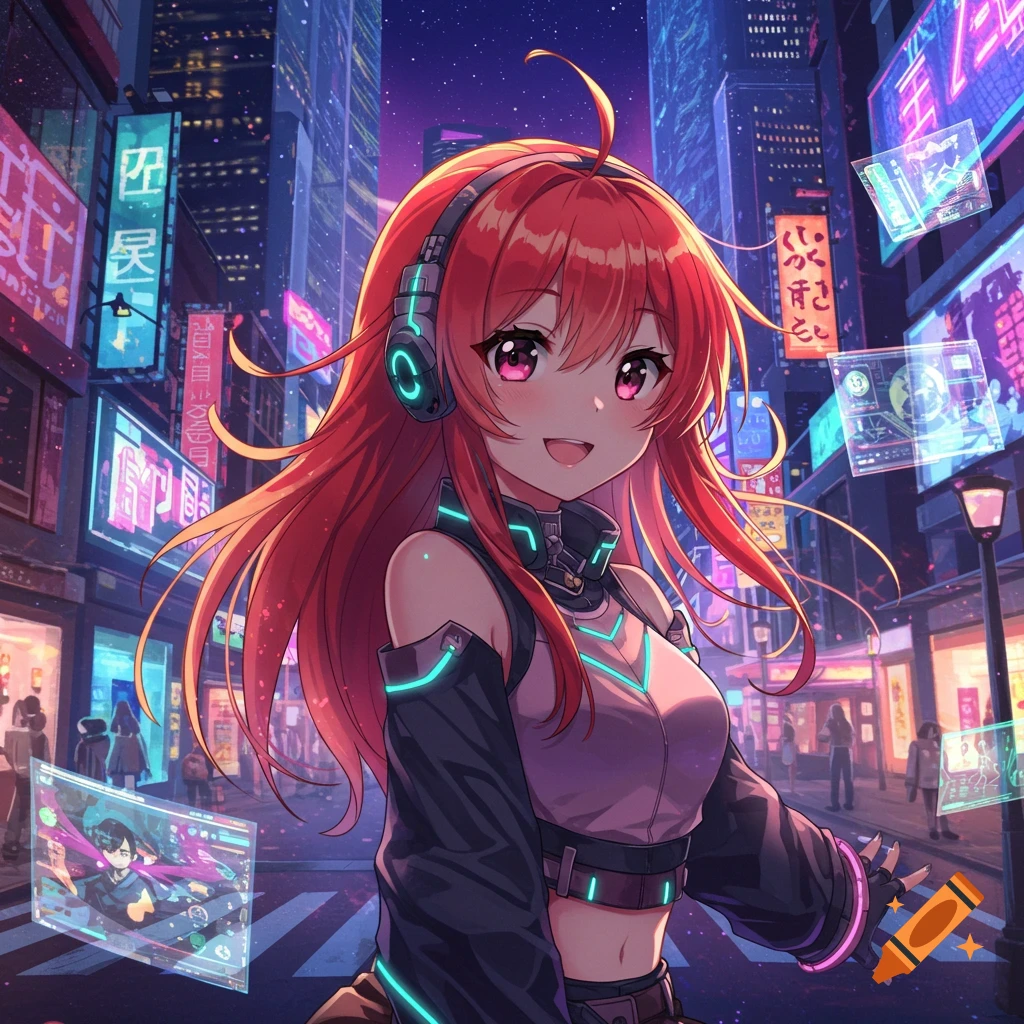 An anime girl with red hair and headphones smiles in a vibrant cyberpunk city at night, surrounded by neon lights and holographic displays.