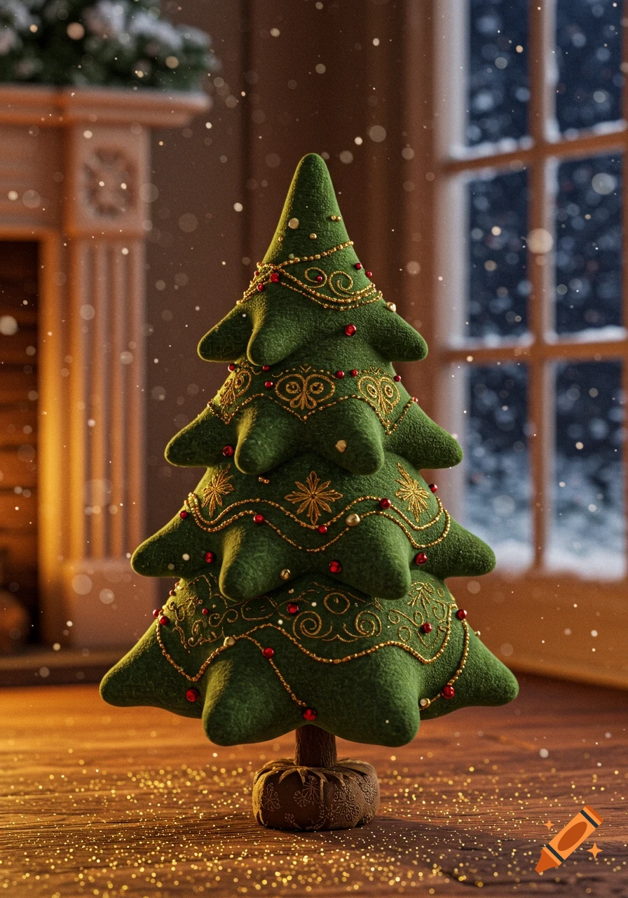 An embroidered stuffed fabric Christmas tree with gold and red decorations on a wooden floor, with snow falling outside a window.
