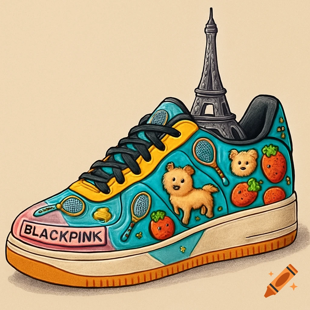 A cartoon sneaker decorated with an Eiffel Tower, 'BLACKPINK' text, tennis rackets, cute dogs, and strawberries on a light background, illustration.