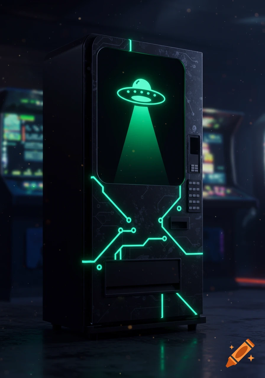 A sleek, dark vending machine with glowing green circuit patterns and a UFO symbol on its screen, set in a dimly lit arcade.