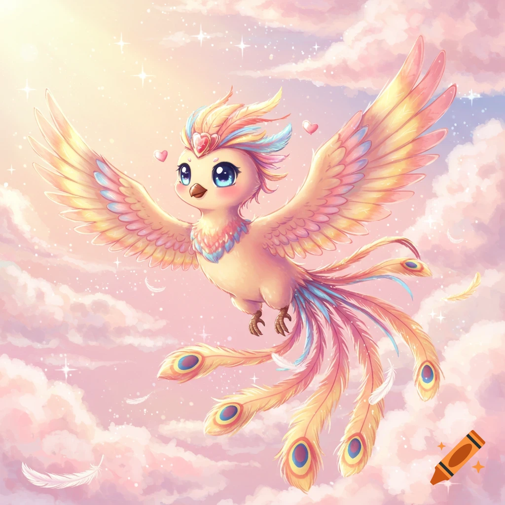 A cute anime phoenix with pink, yellow, and blue feathers, big blue eyes, and a heart on its head flies in a sparkling pink cloudy sky.