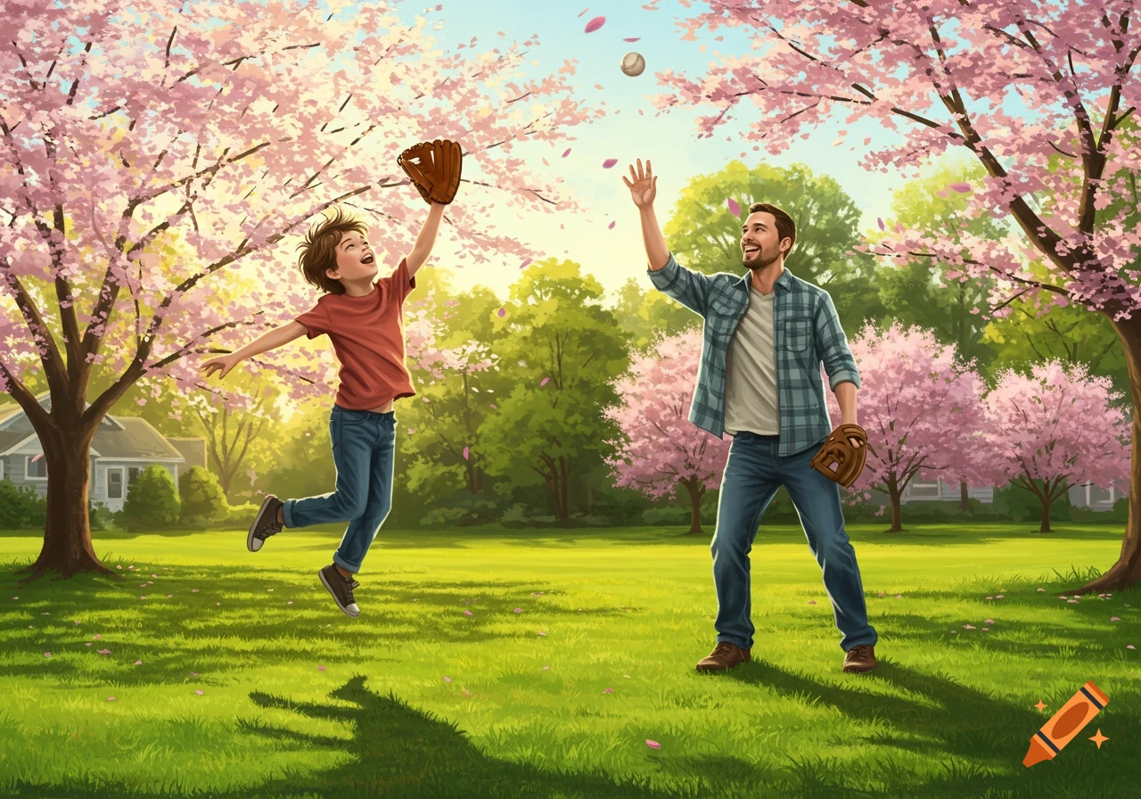 A father and son play catch in a sunny park with blooming pink cherry blossom trees, in an illustrated style.