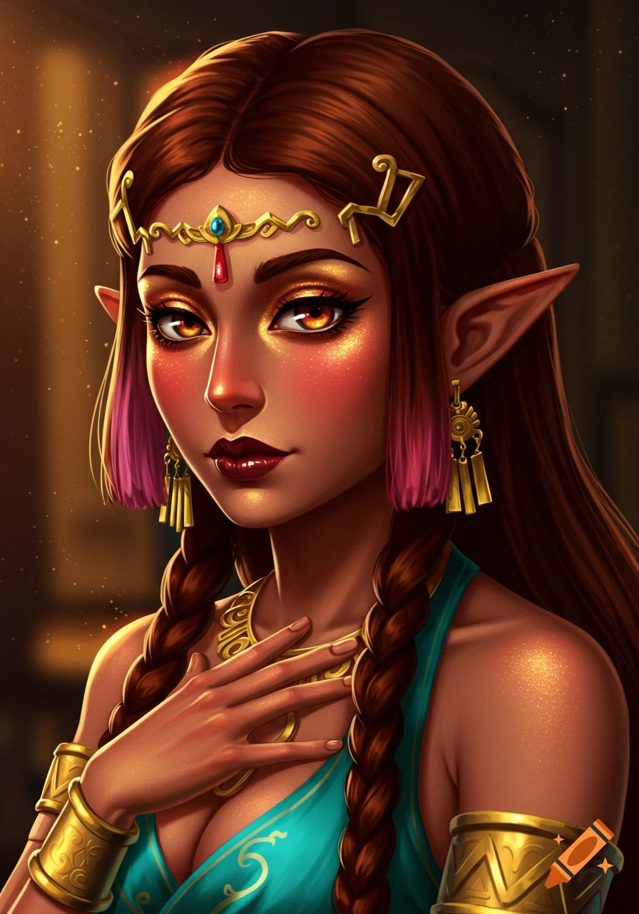A semi-realistic portrait of Riju from The Legend of Zelda, with glamorous makeup, ornate gold jewelry, and a turquoise outfit, against a warm, dramatic background.