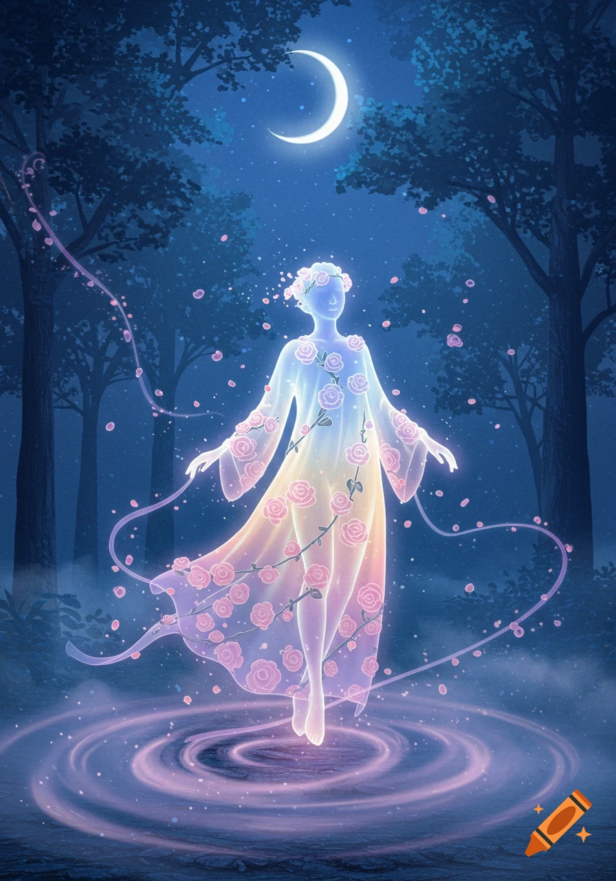 A glowing, ethereal figure adorned with roses floats above swirling light in a dark, mystical forest under a crescent moon. Fantasy art.