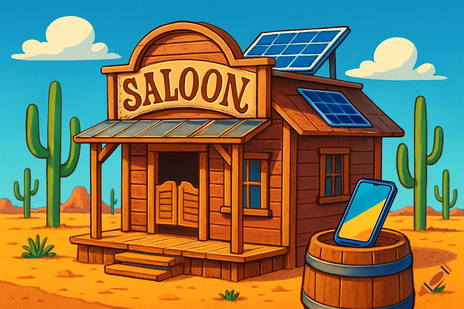 A cartoon wooden saloon with a "SALOON" sign and solar panels in a desert with cactuses, and a modern phone in a barrel.